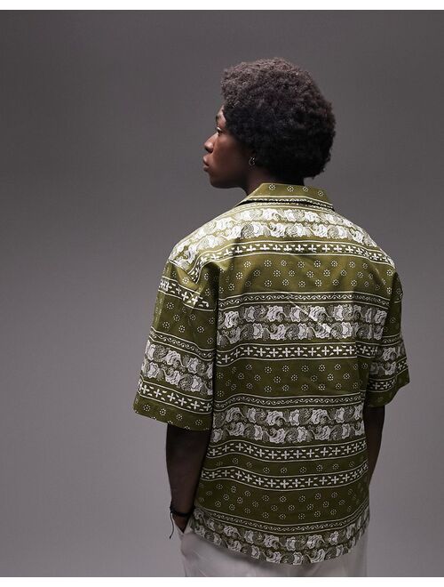 Topman cotton linen paisley print shirt in khaki