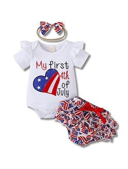 Myfunbbsdar 4th of July Baby Girl Outfits My First 4th of July Printed Short Sleeve Romper Top American Flag Shorts Set with Headband
