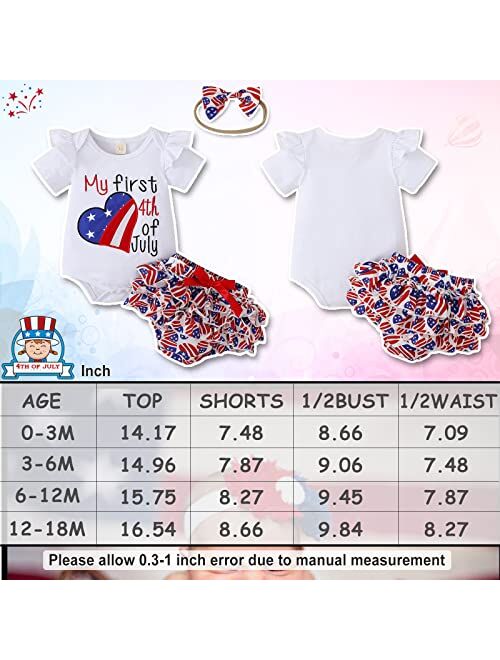 Myfunbbsdar 4th of July Baby Girl Outfits My First 4th of July Printed Short Sleeve Romper Top American Flag Shorts Set with Headband
