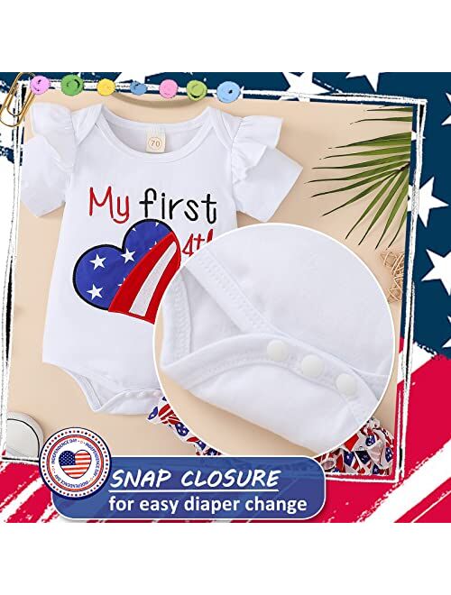 Myfunbbsdar 4th of July Baby Girl Outfits My First 4th of July Printed Short Sleeve Romper Top American Flag Shorts Set with Headband