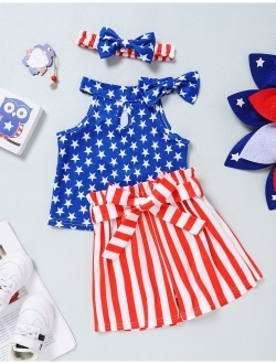 Sinda 4th of July Toddler Girl Outfit American Flag Top Striped Shorts with Waistband Clothes Set for 1-5 Years