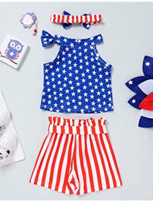 Sinda 4th of July Toddler Girl Outfit American Flag Top Striped Shorts with Waistband Clothes Set for 1-5 Years