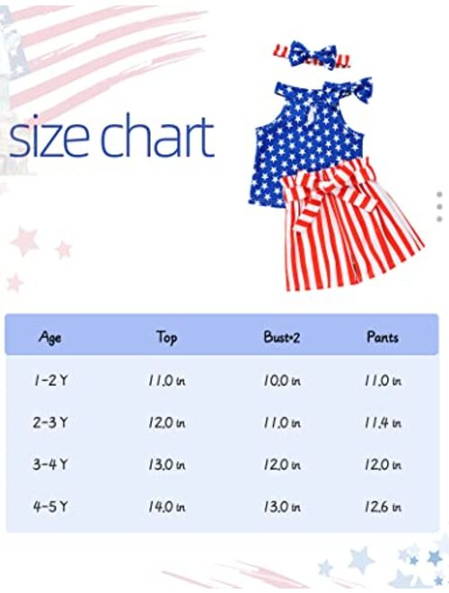 Sinda 4th of July Toddler Girl Outfit American Flag Top Striped Shorts with Waistband Clothes Set for 1-5 Years