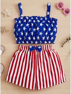 Girls Star Print Cami Top & Striped Bow Front Shorts