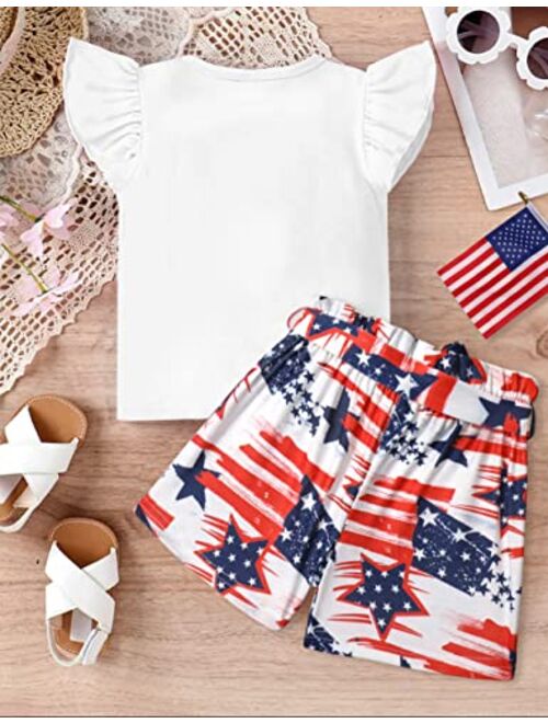 KANGKANG 4th of July Toddler Girl Outfit USA Print Ruffled Sleeve T-Shirt American Flag Shorts Independence Day 2Pcs Set