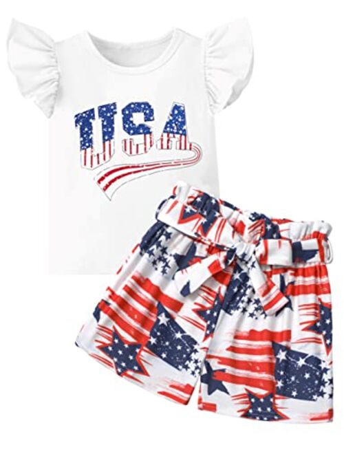 KANGKANG 4th of July Toddler Girl Outfit USA Print Ruffled Sleeve T-Shirt American Flag Shorts Independence Day 2Pcs Set