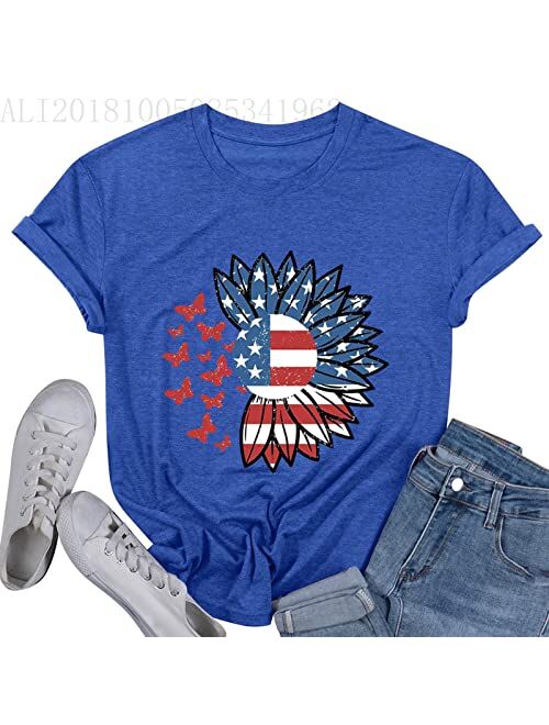 DASAYO July 4th Womens Tops Sunflower American Flag Print Crew Neck Short Sleeve Tshirt Cute Patriotic Trendy Summer Shirts