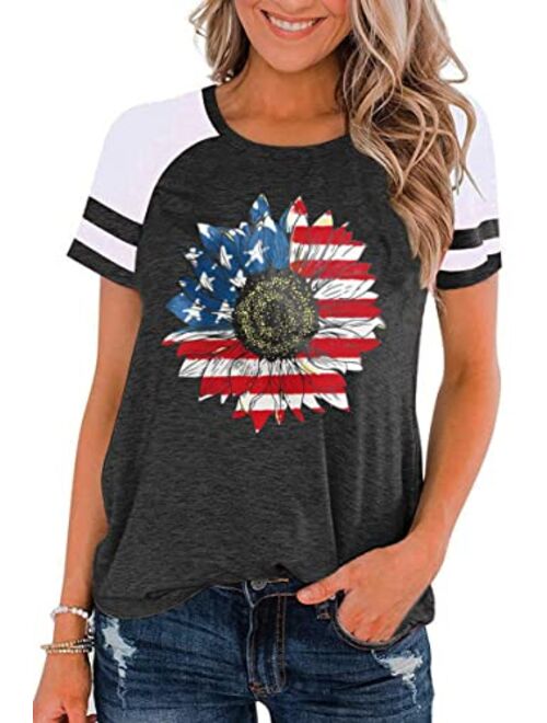 Meesheep American Sunflower Shirt for Women USA Flag Graphic 4th of July T Shirt Patriotic Shirt Casual Tee Tops