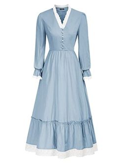 Women Pioneer Colonial Costume V Neck Prairie Civil War Dresses