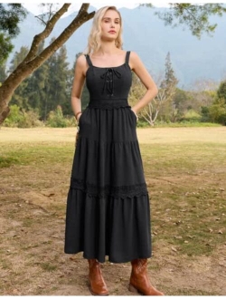 Women Renaissance Maxi Dress Long Tiered Summer Sundress with Pocket