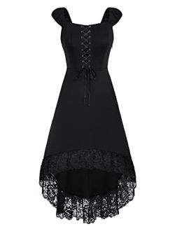 Women High Low Dress Sleeveless Gothic Dress Lace Up Steampunk Dress with Pockets