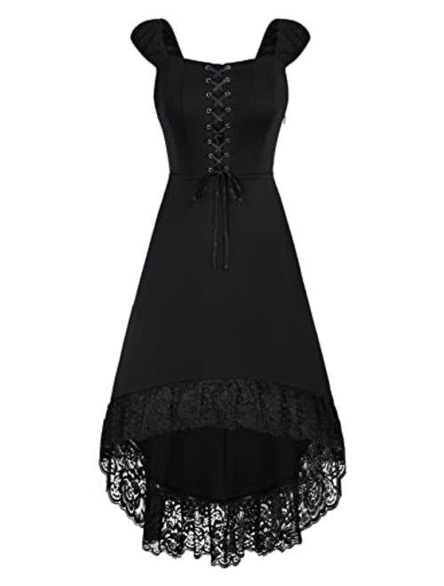 Scarlet Darkness Women High Low Dress Sleeveless Gothic Dress Lace Up Steampunk Dress with Pockets