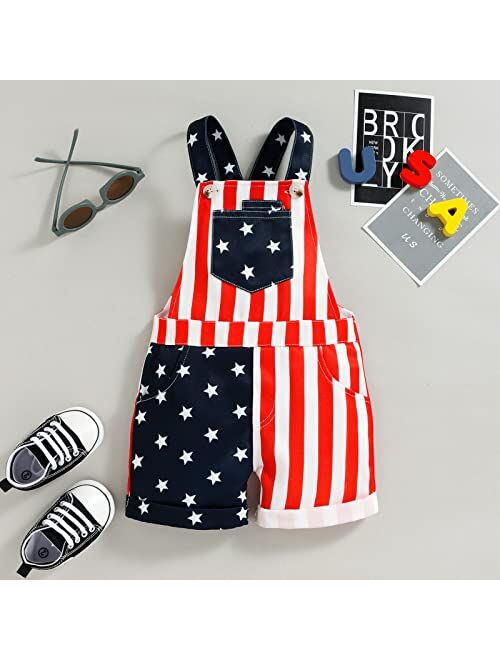 Adobabirl Toddler Baby 4th of July Outfit Girl Boy American Flag Overall Shorts Suspender Denim Jumpsuit with Pocket