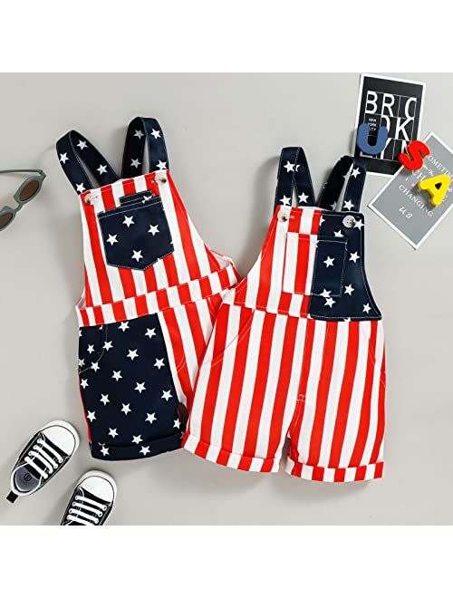 Adobabirl Toddler Baby 4th of July Outfit Girl Boy American Flag Overall Shorts Suspender Denim Jumpsuit with Pocket
