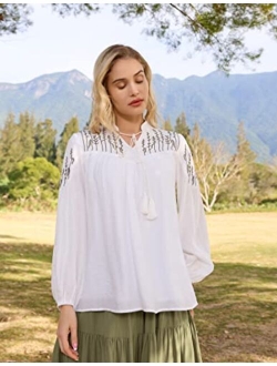 Women's Renaissance Embroidery Tops Peasant Long Sleeve Tunic Blouses