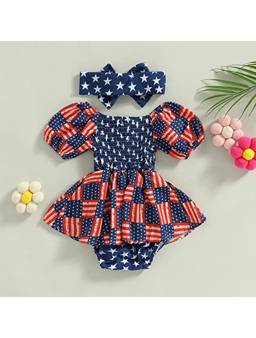 MA&BABY 4th of July Infant Girls Romper Dress Flag Star Print Short Sleeve Ruched Jumpsuits Bodysuits Outfits Headband