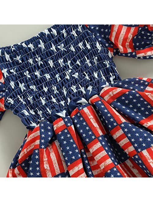 MA&BABY 4th of July Infant Girls Romper Dress Flag Star Print Short Sleeve Ruched Jumpsuits Bodysuits Outfits Headband