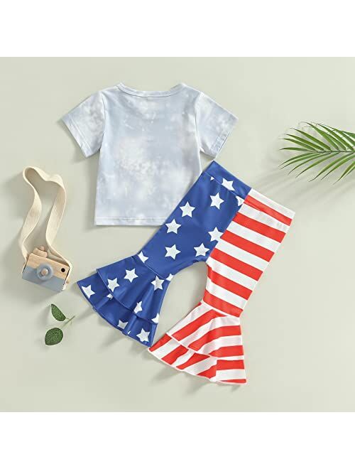 Fernvia Toddler Baby Girl 4th of July Outfits Fly Sleeve Print T-shirt & Stars Striped Flare Pants with Headband 2Pcs Set