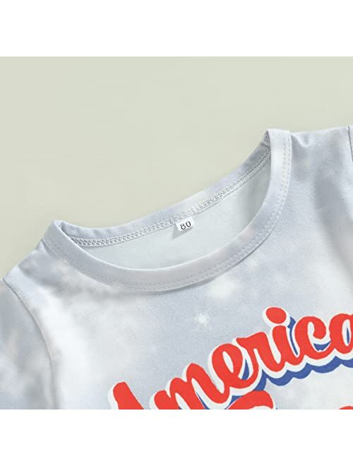 Fernvia Toddler Baby Girl 4th of July Outfits Fly Sleeve Print T-shirt & Stars Striped Flare Pants with Headband 2Pcs Set