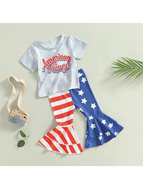Fernvia Toddler Baby Girl 4th of July Outfits Fly Sleeve Print T-shirt & Stars Striped Flare Pants with Headband 2Pcs Set