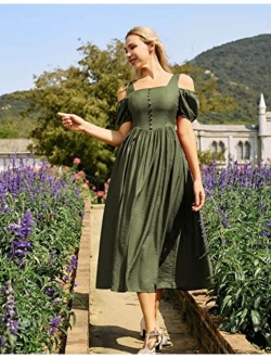 Women Cottagecore Dress Cold Shoulder Puff Sleeve Renaissance Dress with Pockets