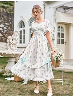 Women Victorian Cottagecore Dress Vintage Floral Puff Sleeve Ruffled Tiered Dress