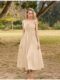 Women Renaissance Summer Midi Dress Cottagecore Sleeveless Sweetheart Lace Up Dress
