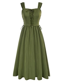 Women Renaissance Summer Midi Dress Cottagecore Sleeveless Sweetheart Lace Up Dress