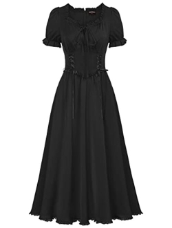 Women Victorian Dress Renaissance Lace Up Corset Cottagecore Dress with Pocket