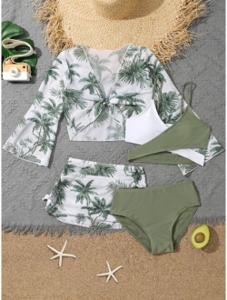 Girls Colorblock Bikini Swimsuit With Coconut Tree Print Cover Up Set