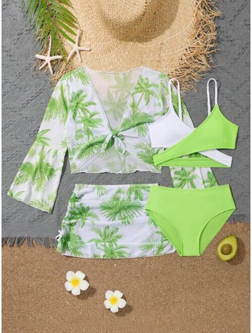 Shein Girls Colorblock Bikini Swimsuit With Coconut Tree Print Cover Up Set
