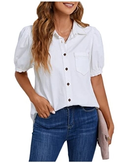 BMJL Womens Denim Shirt Business Casual Button Down Work Blouses Puff Sleeve Summer Tops