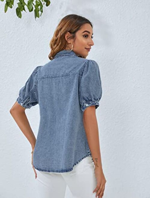 BMJL Womens Denim Shirt Business Casual Button Down Work Blouses Puff Sleeve Summer Tops