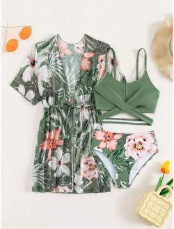 Girls Tropical Print Crisscross Bikini Swimsuit With Kimono