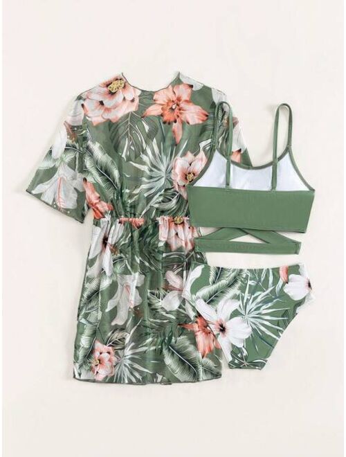 Shein Girls Tropical Print Crisscross Bikini Swimsuit With Kimono