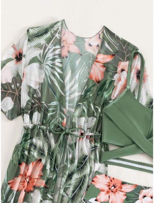 Shein Girls Tropical Print Crisscross Bikini Swimsuit With Kimono