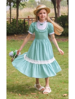 Girl Colonial Costume Pioneer Dress Victorian Puff Sleeve Floral Dress 7-12 Years