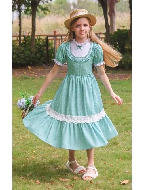 Scarlet Darkness Girl Colonial Costume Pioneer Dress Victorian Puff Sleeve Floral Dress 7-12 Years
