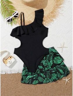 Girls Ruffle Trim Cut Out One Piece Swimsuit & Tropical Print Beach Skirt