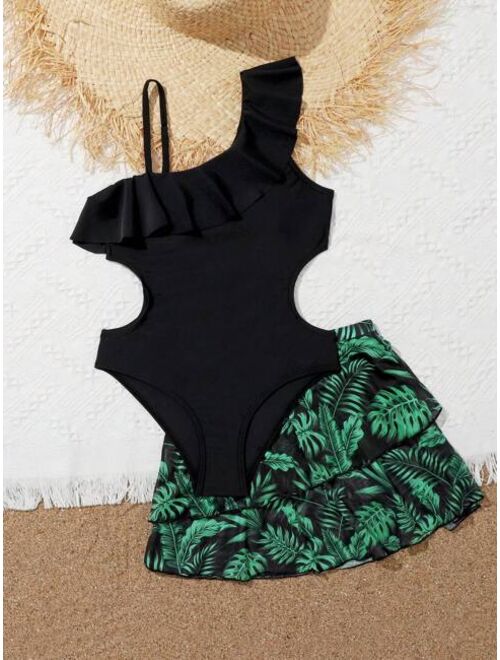 Shein Girls Ruffle Trim Cut Out One Piece Swimsuit & Tropical Print Beach Skirt