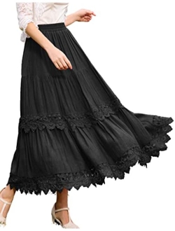 Women Victorian Long Skirt Tiered Lace Trim Flowy Maxi Skirts with Pocket