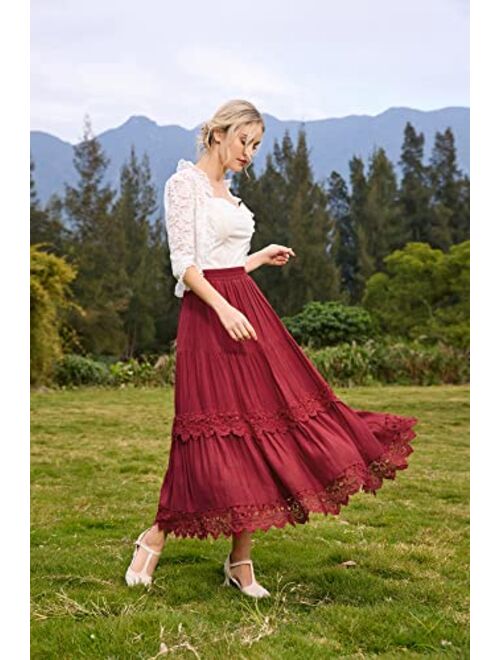 Scarlet Darkness Women Victorian Long Skirt Tiered Lace Trim Flowy Maxi Skirts with Pocket