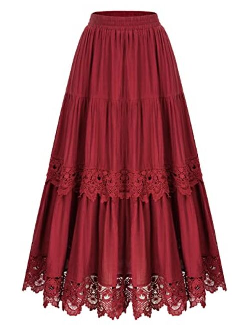 Scarlet Darkness Women Victorian Long Skirt Tiered Lace Trim Flowy Maxi Skirts with Pocket