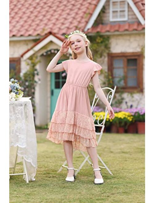 Scarlet Darkness Scarlet DAKNESS Girl Summer Dress Lace Backless Casual High Low Dress for 7-12 Year