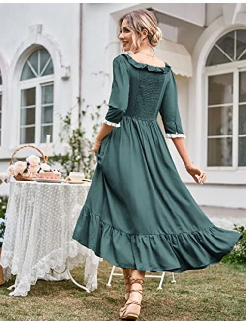 Scarlet Darkness Women Colonial Dress 3/4 Sleeve Square Neck Cottagecore Dress with Pockets