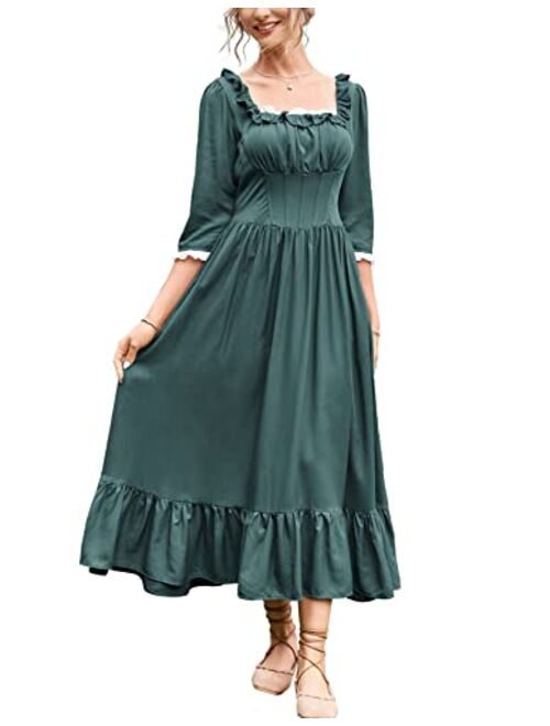 Scarlet Darkness Women Colonial Dress 3/4 Sleeve Square Neck Cottagecore Dress with Pockets