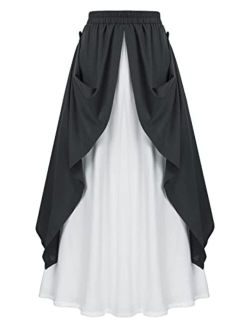 Women Renaissance Skirt Medieval Double-Layer Elastic Waist Flowy Long Skirt