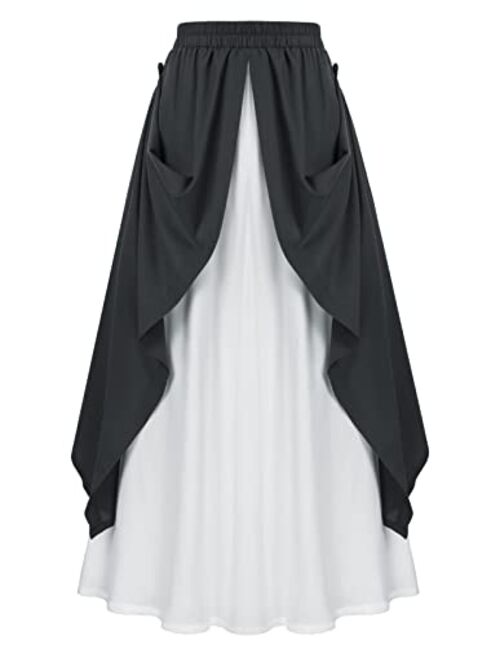 Scarlet Darkness Women Renaissance Skirt Medieval Double-Layer Elastic Waist Flowy Long Skirt