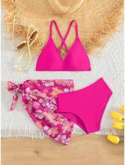Girls 1set Crisscross Back Bikini Swimsuit With 1pc Floral Print Beach Skirt