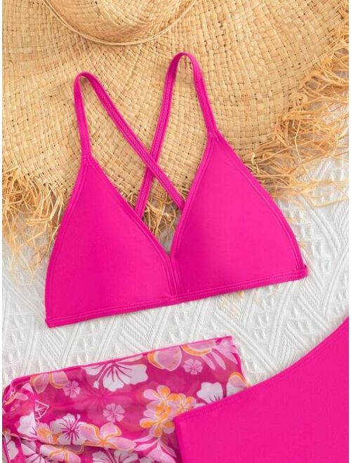 Shein Girls 1set Crisscross Back Bikini Swimsuit With 1pc Floral Print Beach Skirt